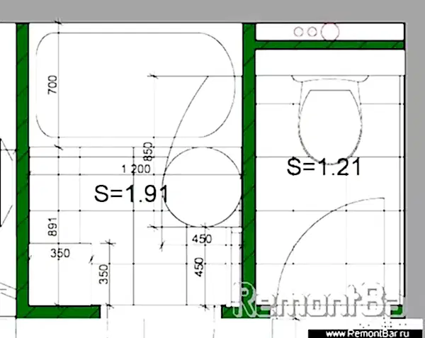 Наш дизайнер координально изменил планировку санузла (и ванной и туалетной комнат). Ванная стала немного уже и глубже. Казалось бы, ее габариты еще уменьшились. Однако, за счет того, что ванну развернули и установили вдоль торцевой стены, освободилось некоторое количество полезной площади Наш дизайнер координально изменил планировку санузла (и ванной и туалетной комнат)
