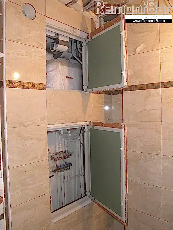 Бойлер установлен внутри сантехшкафа. Вытащить его можно через нижний ревизионный люк. Верхний люк, кстати, предусмотрен для обслуживания канальных вентиляторов Бойлер установлен внутри сантехшкафа. Вытащить его можно через нижний ревизионный люк. Верхний люк, кстати, предусмотрен для обслуживания канальных вентиляторов